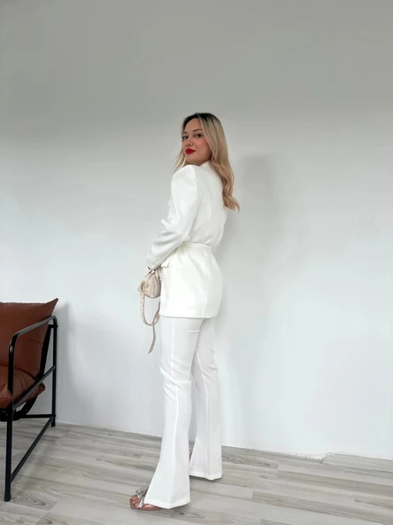 Kadın Kampal Ceket Pantolon Takım Beyaz - Resim 4