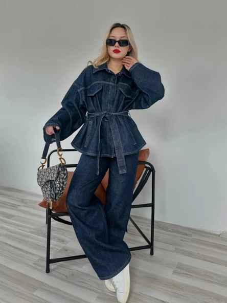 Kadın Denim Ceket Pantolon Takım Mavi ürün görseli 1