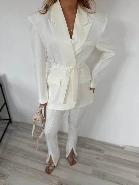 Kadın Kampal Ceket Pantolon Takım Beyaz - Resim 6