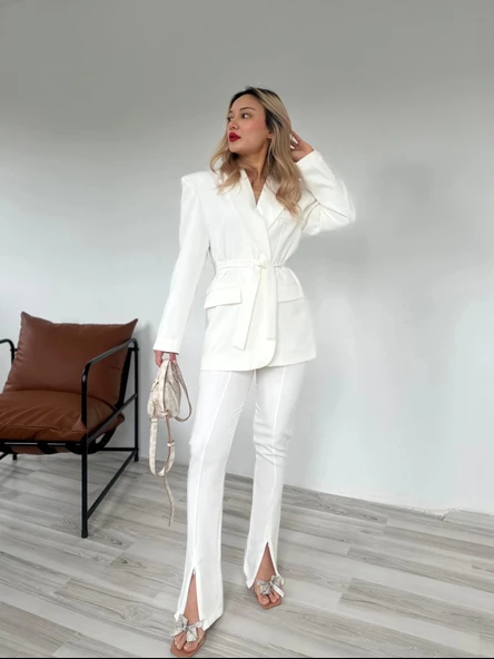 Kadın Kampal Ceket Pantolon Takım Beyaz - Resim 7