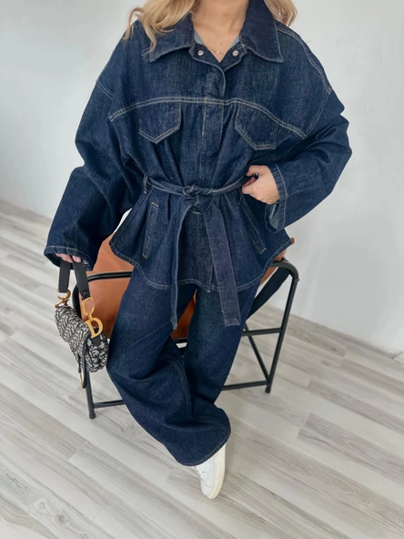 Kadın Denim Ceket Pantolon Takım Mavi - Resim 2