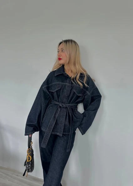 Kadın Denim Ceket Pantolon Takım Mavi - Resim 6