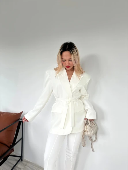 Kadın Kampal Ceket Pantolon Takım Beyaz - Resim 8