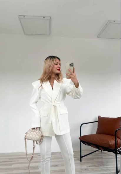 Kadın Kampal Ceket Pantolon Takım Beyaz - Resim 2