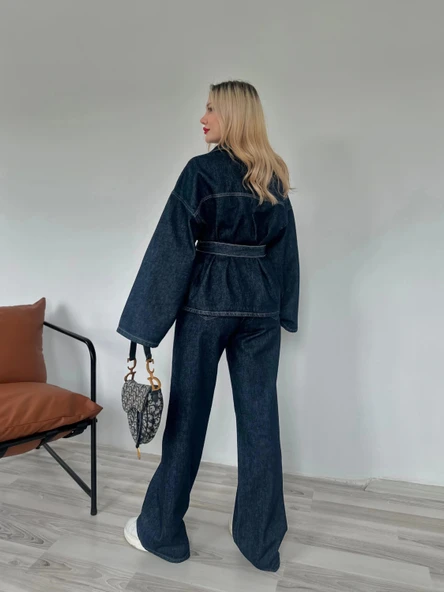Kadın Denim Ceket Pantolon Takım Mavi - Resim 5