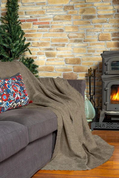 Jakarlı Şönil Koltuk Örtüsü | Çekyat Örtüsü | Koltuk Şalı 175x215 Kaymaz Bej