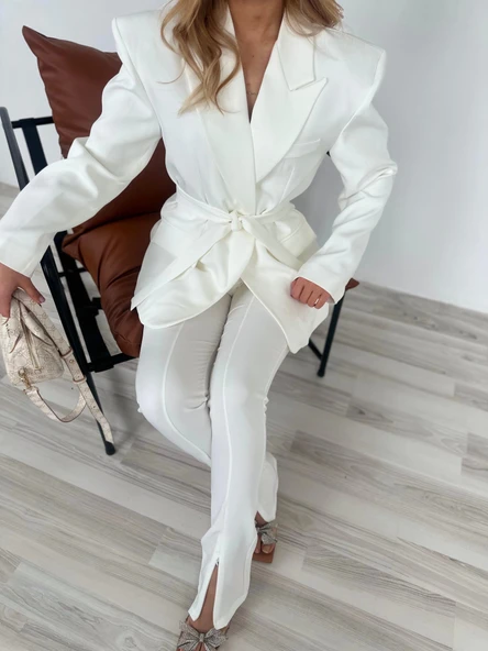 Kadın Kampal Ceket Pantolon Takım Beyaz - Resim 3