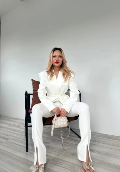 Kadın Kampal Ceket Pantolon Takım Beyaz - Resim 5