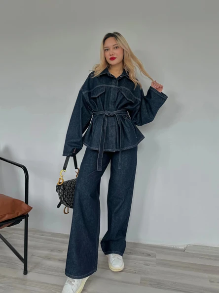 Kadın Denim Ceket Pantolon Takım Mavi - Resim 7