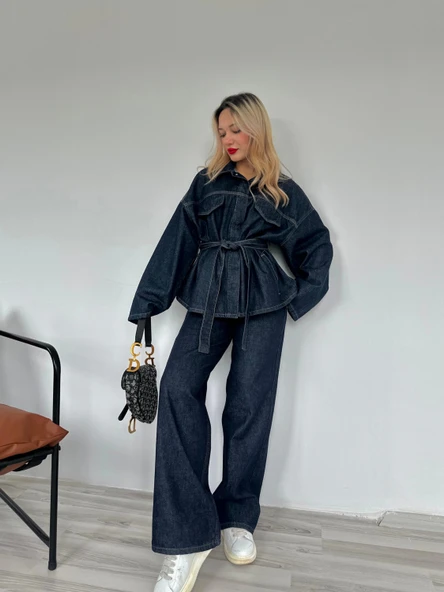 Kadın Denim Ceket Pantolon Takım Mavi - Resim 3