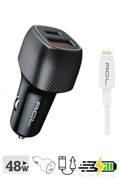 Hızlı Şarj 48Watt 6A 1xUSB-A 1xUSB-C Lightning Kablo Araç İçi Şarj Aleti AC-93