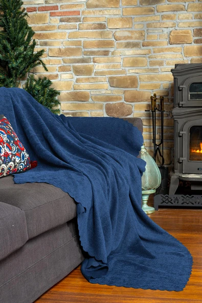 Jakarlı Şönil Koltuk Örtüsü | Çekyat Örtüsü | Koltuk Şalı 175x215 Kaymaz Gece Mavisi