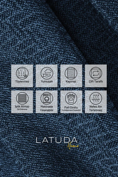 Jakarlı Şönil Koltuk Örtüsü | Çekyat Örtüsü | Koltuk Şalı 175x215 Kaymaz Gece Mavisi - 2