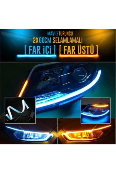 ünlütürkotoaksesuar Far Üstü Kayar Led Selamlamalı Far Ledi 60 cm Mavi Turuncu - 2
