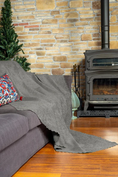 Jakarlı Şönil Koltuk Örtüsü | Çekyat Örtüsü | Koltuk Şalı 175x215 Kaymaz Gümüş