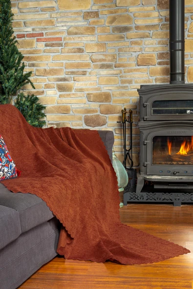 Jakarlı Şönil Koltuk Örtüsü | Çekyat Örtüsü | Koltuk Şalı 175x215 Kaymaz Kiremit