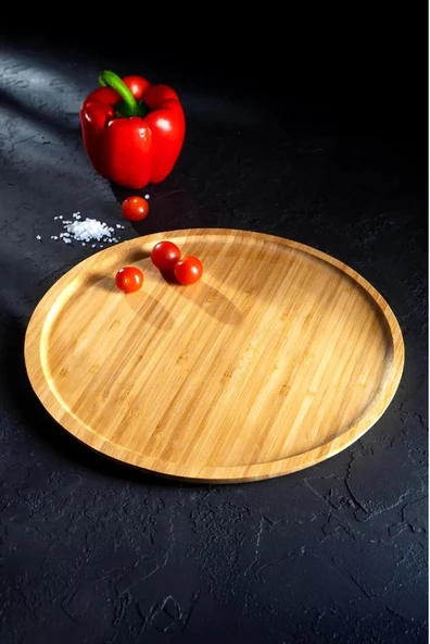 Lüx Yuvarlak Servis Tepsi 30 * 30cm, Ahşap Sunumluk & Çerezlik Yuvarlak Sunum Tabağı - 3