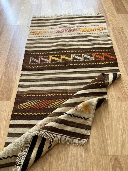 63x130 cm Kahverengi Vintage Kilim, El Dokuma Türk Yün Kilim, Harika Desenli Kilim, Bohem Tarzı Koridor Kilimi