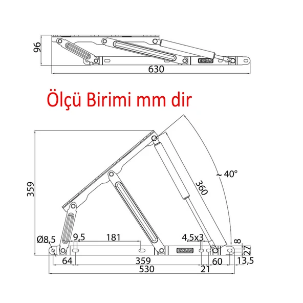 Baza Kapak Makası Gazlı Amartisör Piston 40° Siyah Boyalı Standart Geniş Kollu 1 Çift Yatak Sağ Sol - 3