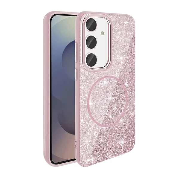 Galaxy S24 FE Kılıf Magsafe Şarj Özellikli Parlayan Simli Redclick Okso Kapak - Resim 2