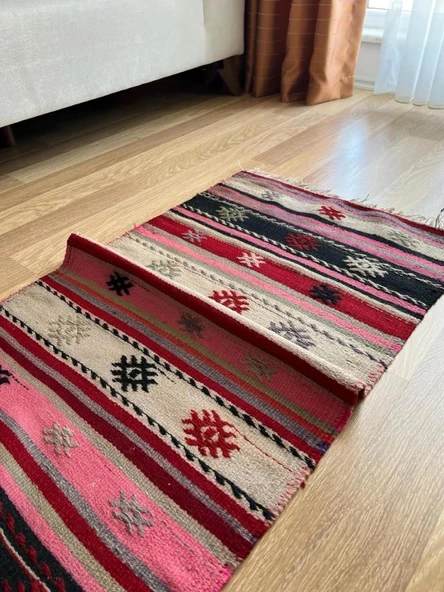 60x122 cm Pembe Pıtrak Desenli Vintage Kilim, El Dokuma Pembe Dekoratif Koridor Kilimi, Bohem Tarzı Küçük Yolluk - 4