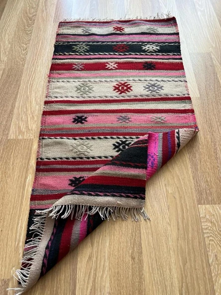 60x122 cm Pembe Pıtrak Desenli Vintage Kilim, El Dokuma Pembe Dekoratif Koridor Kilimi, Bohem Tarzı Küçük Yolluk