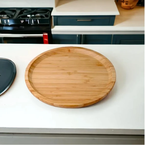 Lüx Yuvarlak Servis Tepsi 30 * 30cm, Ahşap Sunumluk & Çerezlik Yuvarlak Sunum Tabağı - 5