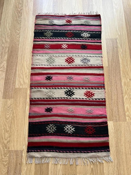 60x122 cm Pembe Pıtrak Desenli Vintage Kilim, El Dokuma Pembe Dekoratif Koridor Kilimi, Bohem Tarzı Küçük Yolluk - 5