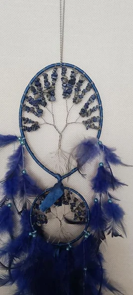 Düş Kapanı Dream Catcher Sodalit Doğaltaş Tel Sarma İncili Hayat Ağacı Kuş Tüylü Rüya Kapanı Duvar Süsü - 2