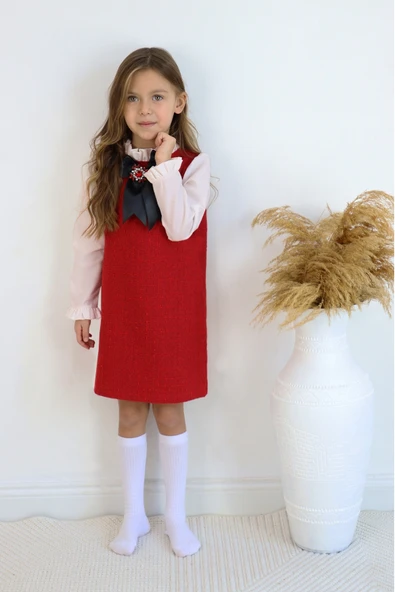 Kız Çocuk Vanessa Broş Detaylı Tüvit Kırmızıı Uzun Kollu Yılbaşı Elbisesi ELB-0082.2 - Resim 4