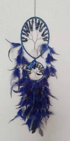 Düş Kapanı Dream Catcher Sodalit Doğaltaş Tel Sarma İncili Hayat Ağacı Kuş Tüylü Rüya Kapanı Duvar Süsü - 3