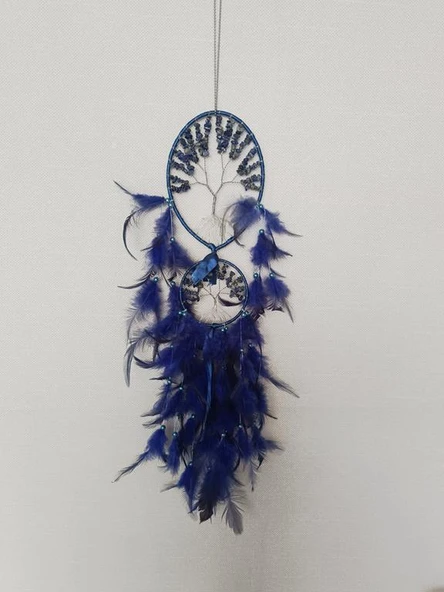 Düş Kapanı Dream Catcher Sodalit Doğaltaş Tel Sarma İncili Hayat Ağacı Kuş Tüylü Rüya Kapanı Duvar Süsü - 4