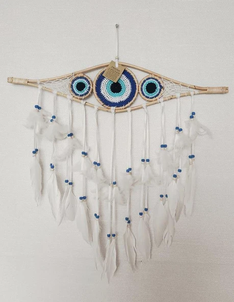 Düş Kapanı 3 Göz Makrome Dreamcatcher Bambu Nazarlı Beyaz Kuş Tüyü Rüya Kapanı Duvar Süsü Elişi