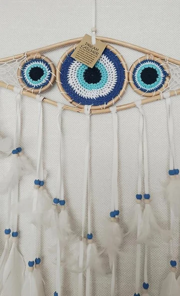 Düş Kapanı 3 Göz Makrome Dreamcatcher Bambu Nazarlı Beyaz Kuş Tüyü Rüya Kapanı Duvar Süsü Elişi - 3