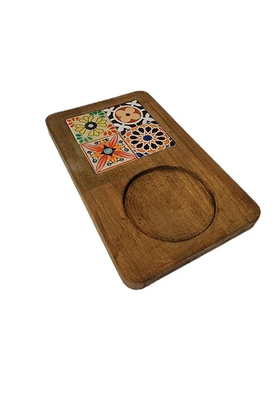 Zümrüt Çini Mia-KARMA Ahşap Fırınlanmış Kuru Kayın Çinili Sunum Tepsisi 14*23 Cm - 3