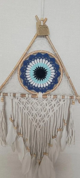 Düş Kapanı Üçgen Göz Makrome Dreamcatcher Bambu Nazarlı Beyaz Kuş Tüyü Rüya Kapanı Duvar Süsü Elişi - 2