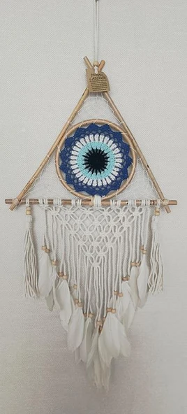 Düş Kapanı Üçgen Göz Makrome Dreamcatcher Bambu Nazarlı Beyaz Kuş Tüyü Rüya Kapanı Duvar Süsü Elişi - 4