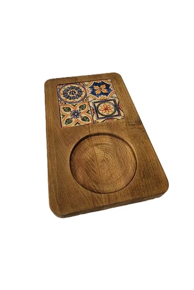 Zümrüt Çini Mia-KARMA Ahşap Fırınlanmış Kuru Kayın Çinili Sunum Tepsisi 14*23 Cm - 6