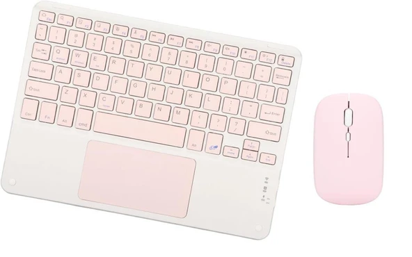 Apple iPad Mini 7 2024 8.3" Uyumlu Bluetooth Şarjlı TouchPad'li Klavye Mouse Set - Pembe
