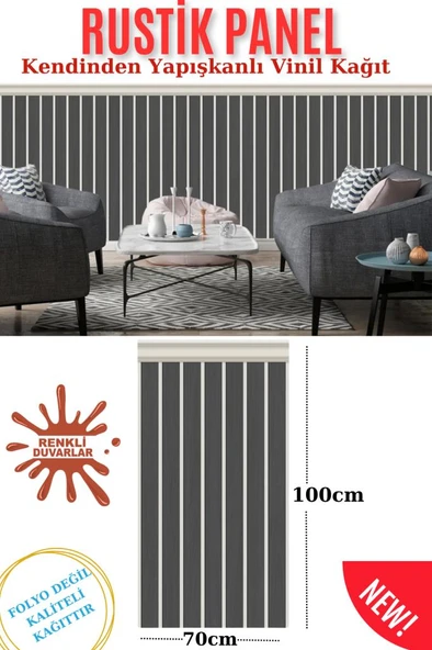 Renkli Duvarlar 70cmx100cm 1Adet Rustik Model Antrasit Yapışkanlı Vinil Duvar Kağıdı Çıta Lambiri Panel Desenli