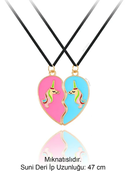 Mıknatıslı Kalp Unicorn Best Friends Metal 2'li Arkadaşlık Kolyesi Aksesuar Şık