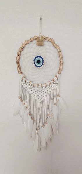 Düş Kapanı Göz Makrome Dreamcatcher Bambu Nazarlı Beyaz Kuş Tüyü Rüya Kapanı Duvar Süsü Elişi - 5