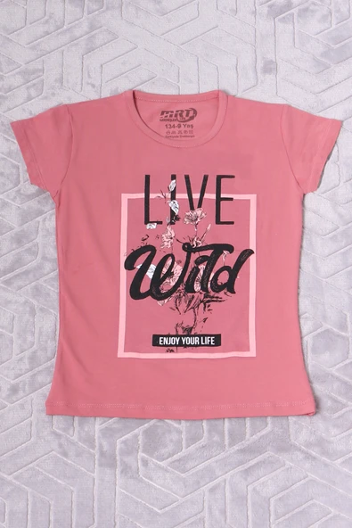 KIZ ÇOCUK TSHİRT LİVE WİLD BASKILI BİSİKLET YAKA F17 - 3