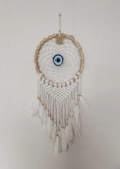 Düş Kapanı Göz Makrome Dreamcatcher Bambu Nazarlı Beyaz Kuş Tüyü Rüya Kapanı Duvar Süsü Elişi