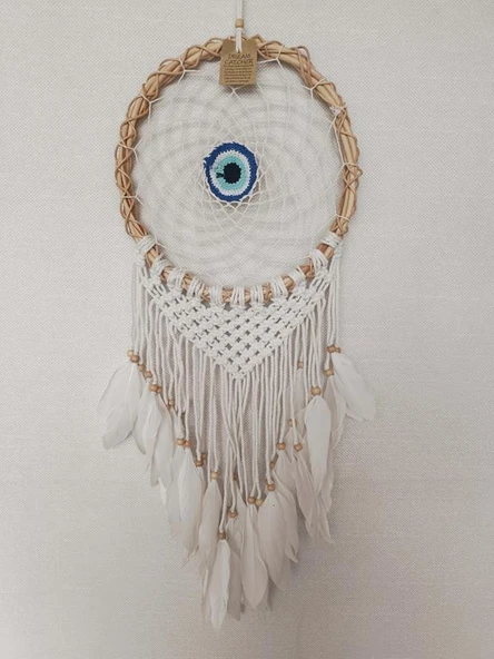 Düş Kapanı Göz Makrome Dreamcatcher Bambu Nazarlı Beyaz Kuş Tüyü Rüya Kapanı Duvar Süsü Elişi - 2