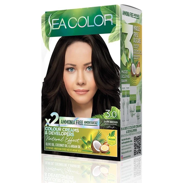 SEA COLOR NATURAL 2 Tüp Krem Saç Boyası Seti Koyu Kahve No:3,0