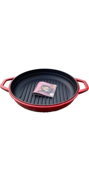 Hosse 28 cm Yuvarlak Demir Döküm Grill Tava Çift Kulplu Kırmızı - 3