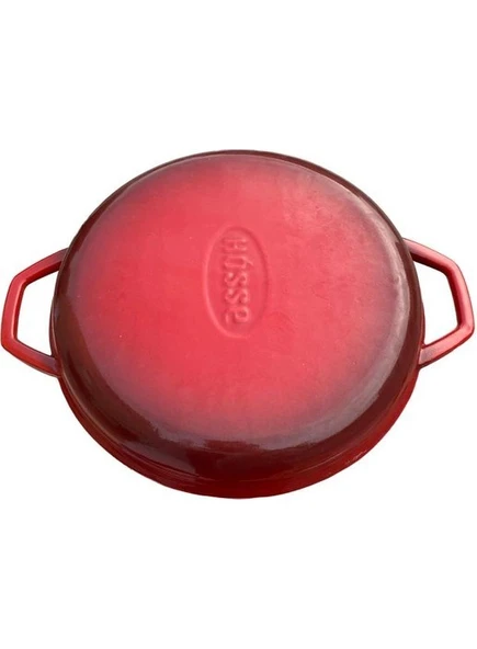 Hosse 28 cm Yuvarlak Demir Döküm Grill Tava Çift Kulplu Kırmızı - 2
