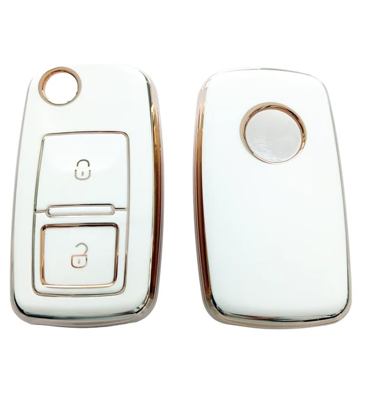 Golf Jetta Passat Leon Toledo Octavia Fabia Uyumlu Kumanda Anahtar Kılıfı Oto Anahtarlık Beyaz Gold - Resim 2