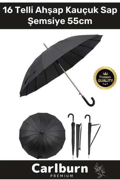 Premium Otomatik Mekanizma Baston Tip Rüzgar Korumalı Fiber 16 Telli Ahşap Kauçuk Sap Şemsiye 55cm